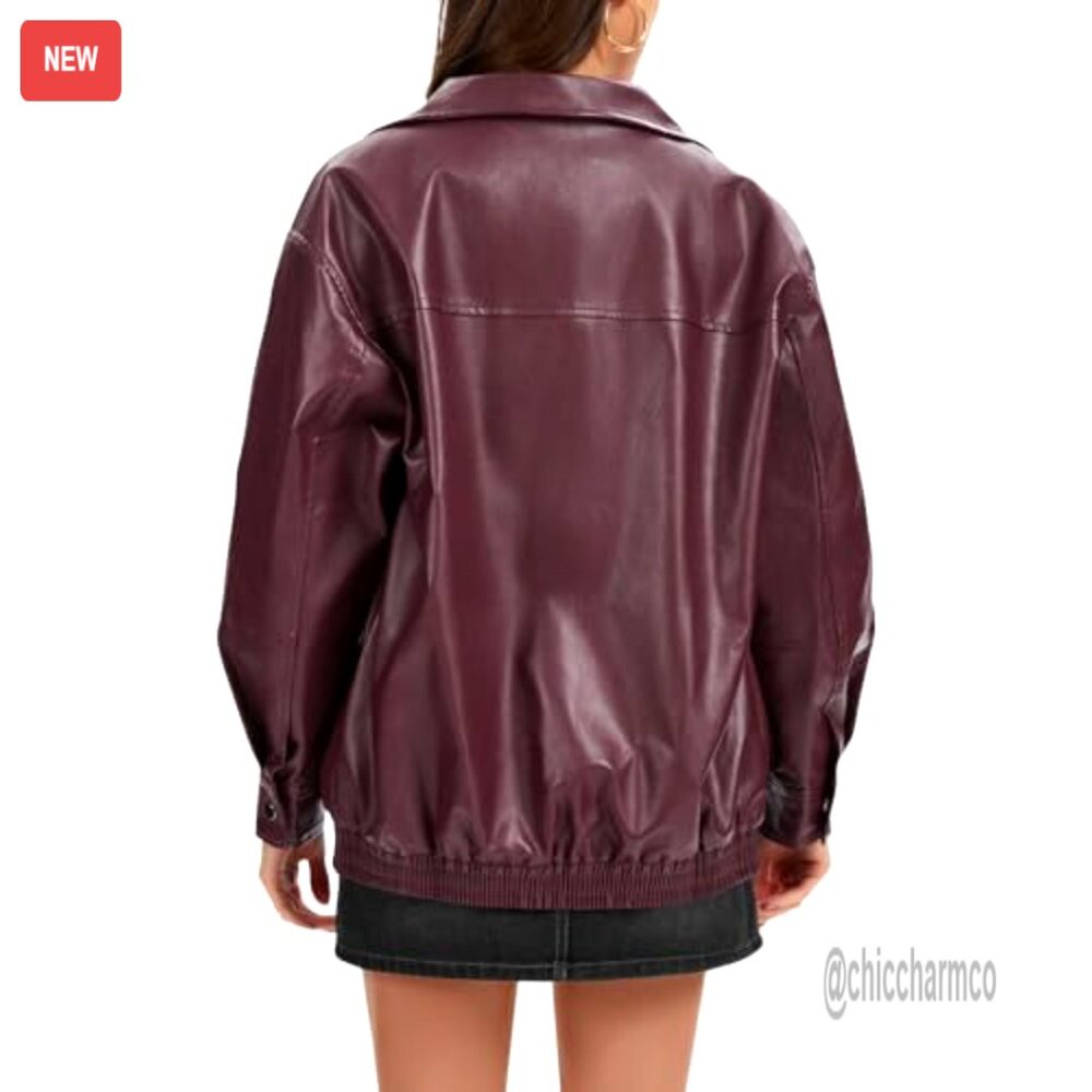 Oversized Faux Leather Bomber Jacket Motorcycle Style Zip Up Coat - Picture 4 of 7